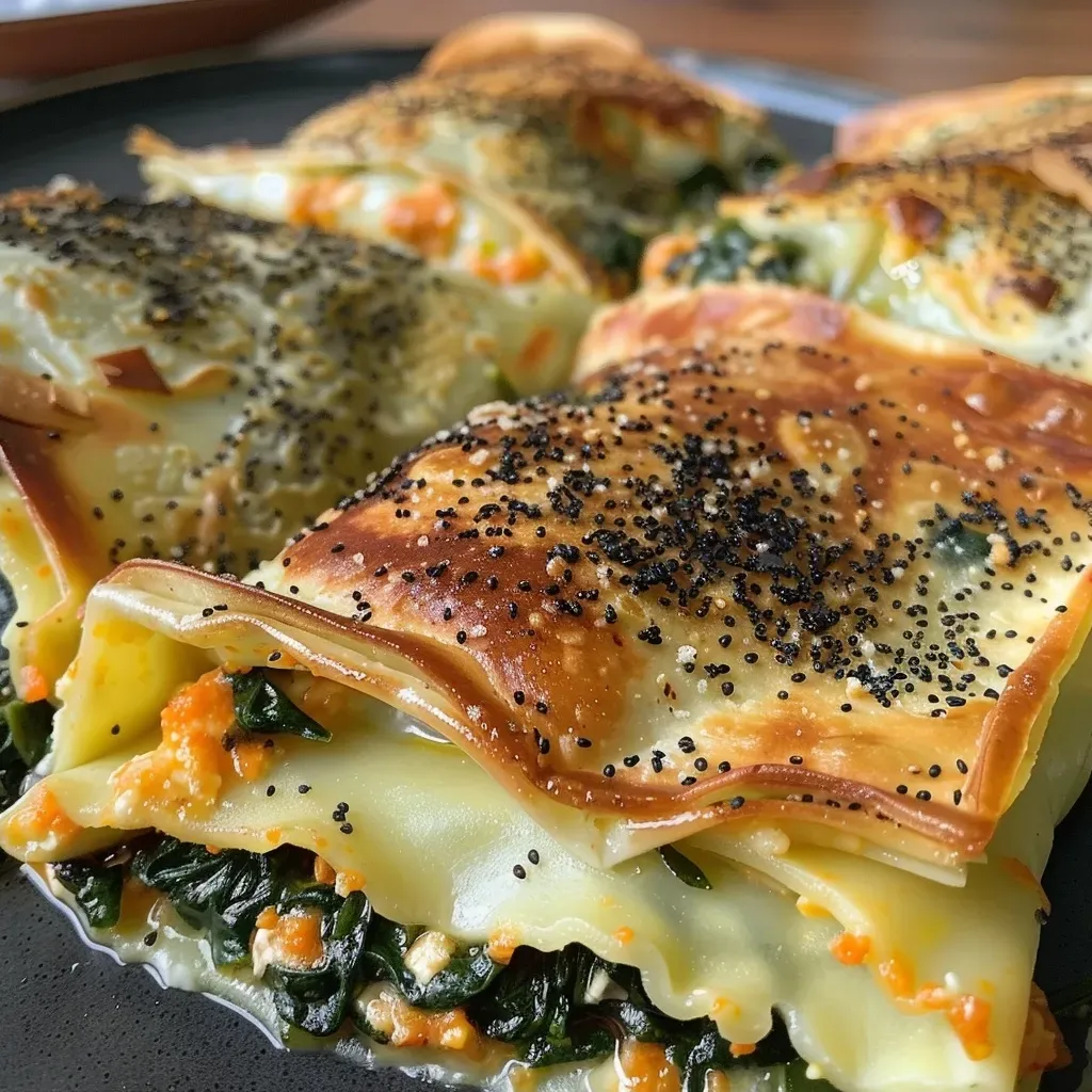 Juicy, layered spinach and cheese casserole in a ceramic dish, showcasing its rich ingredients.