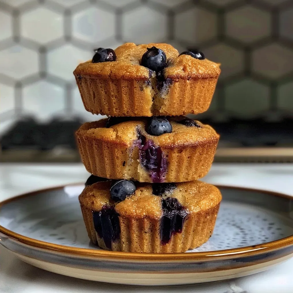 Side view of fluffy air fryer muffins topped with blueberries in a baking dish.