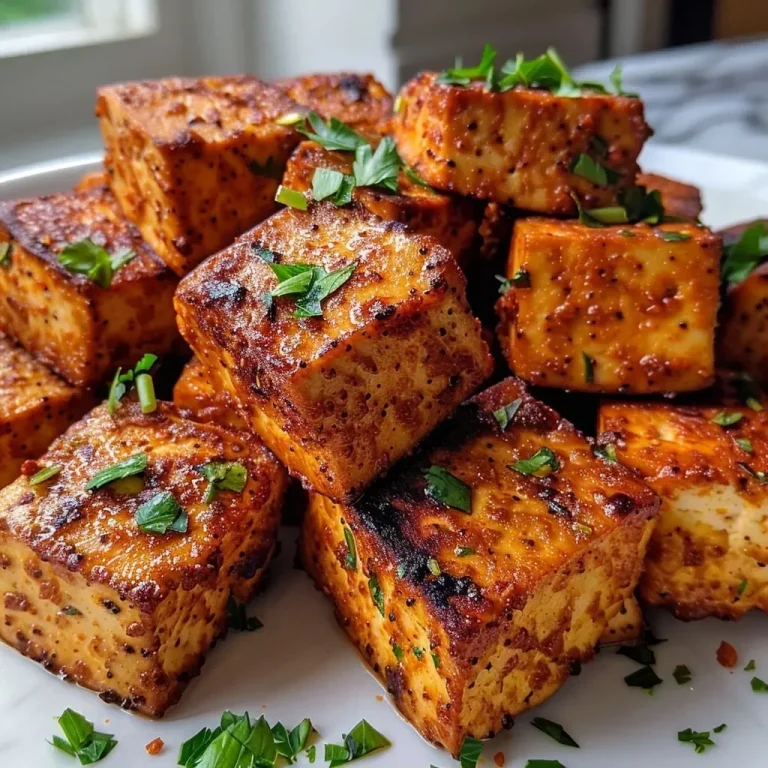 Close-up of crispy air-fried tofu cubes seasoned with spices.