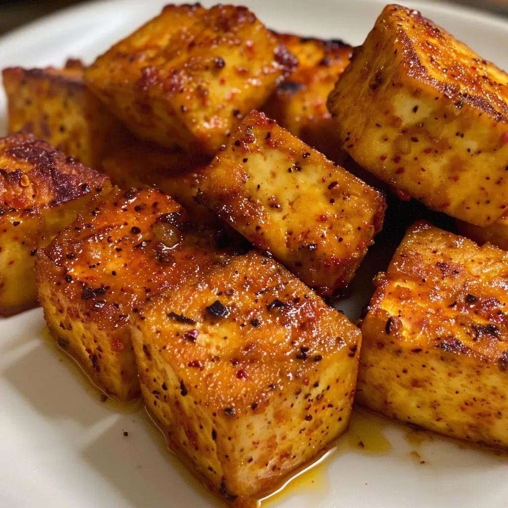 Side view of marinated tofu chunks, golden brown and appetizing.