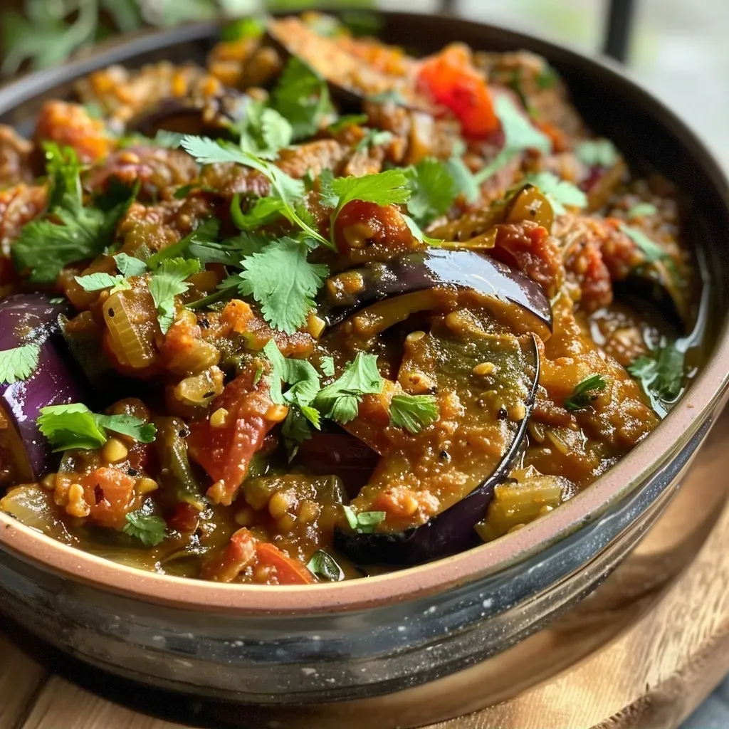 Side view of a delicious-looking Aubergine Balti, highlighting the chunky vegetables and spices.