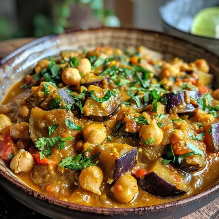 Close-up view of a vibrant aubergine curry in a bowl.