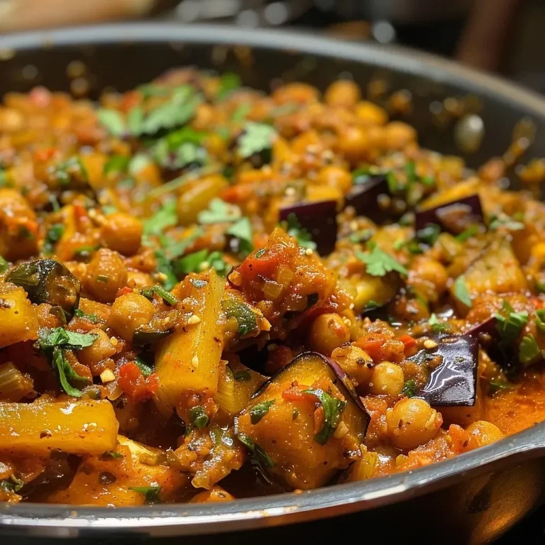 Schnelles Aubergine Curry für entspannte Abende A close-up view of a vibrant aubergine curry with chickpeas in a bowl.