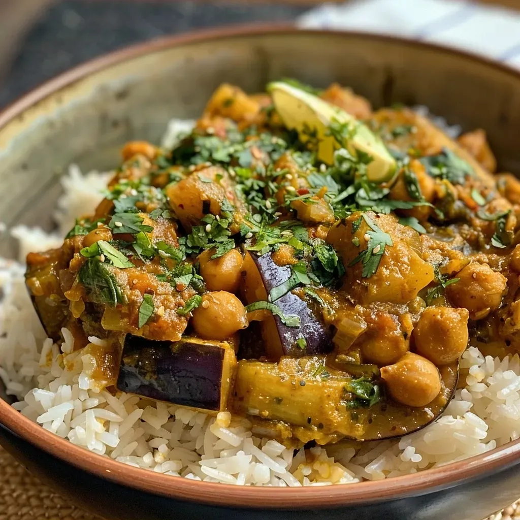 Side view of a steaming aubergine curry garnished with fresh ingredients.
