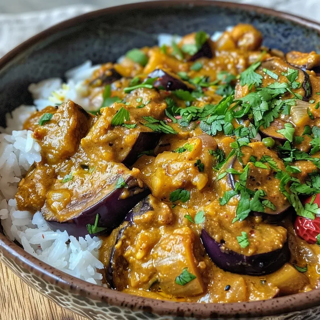 Close-up view of eggplant coconut curry in a bowl, highlighting the rich texture and color.