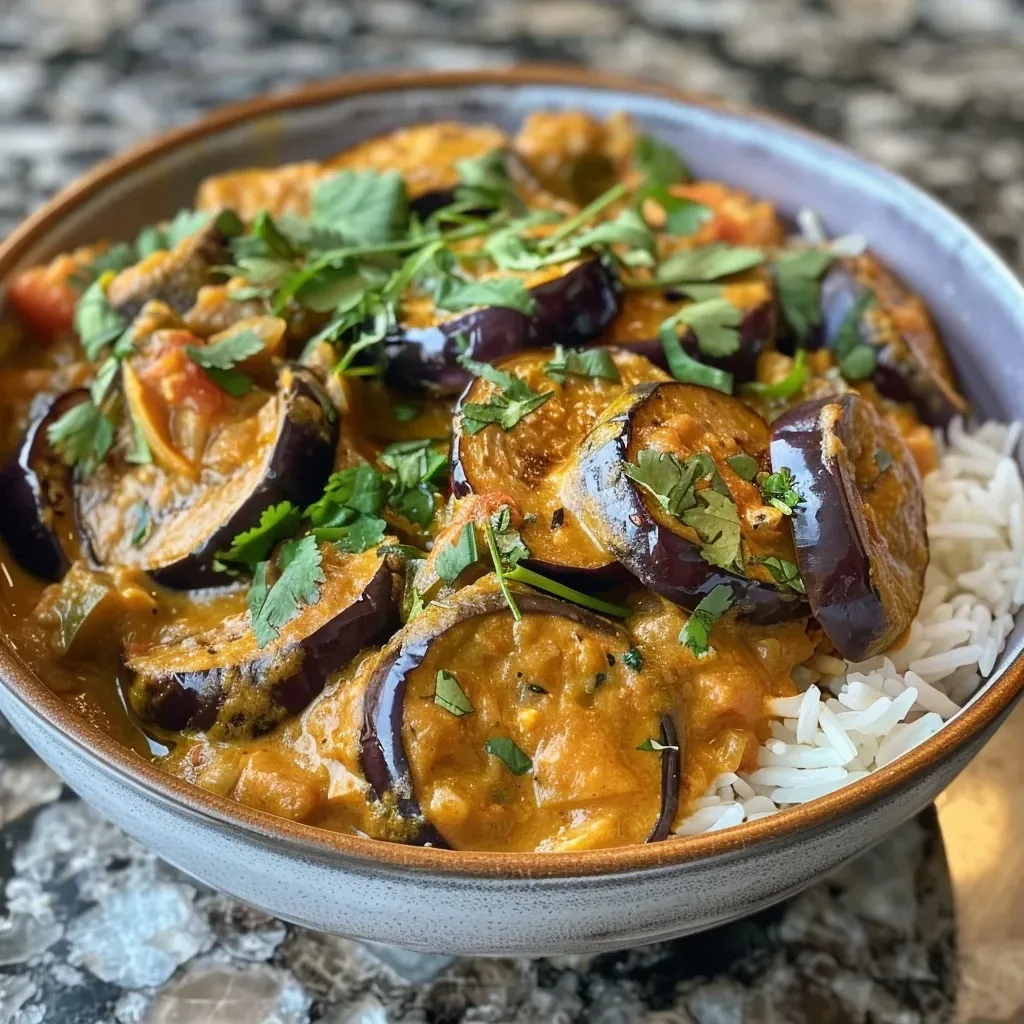 Close-up view of creamy eggplant coconut curry with vibrant colors and spices.