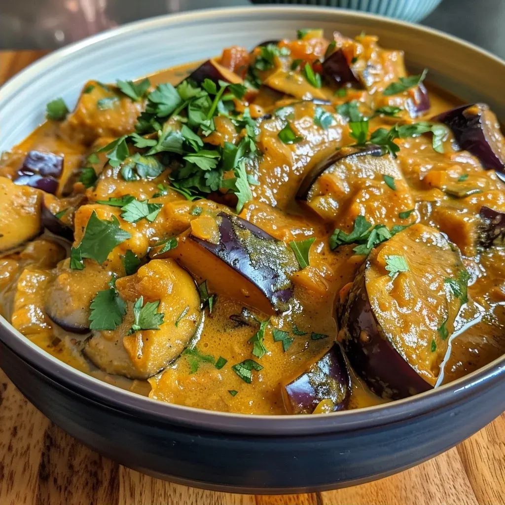 Side perspective of a vibrant aubergine curry, showcasing chunks of eggplant and creamy coconut sauce.