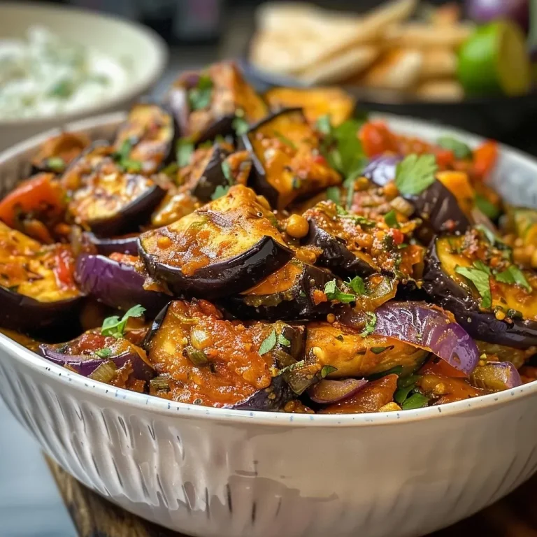 Auberginen in Tamarindensoße mit Halloumi und Safranreis – Ein Genuss für jeden Tag Close-up of aubergines in tamarind sauce with baked halloumi and saffron rice.