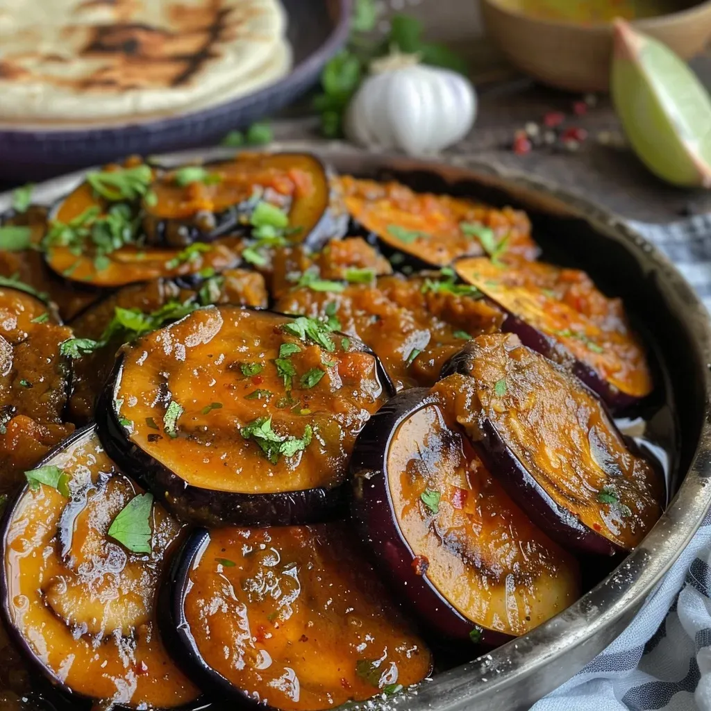 Side view of a colorful dish featuring aubergines in tamarind sauce and saffron rice.