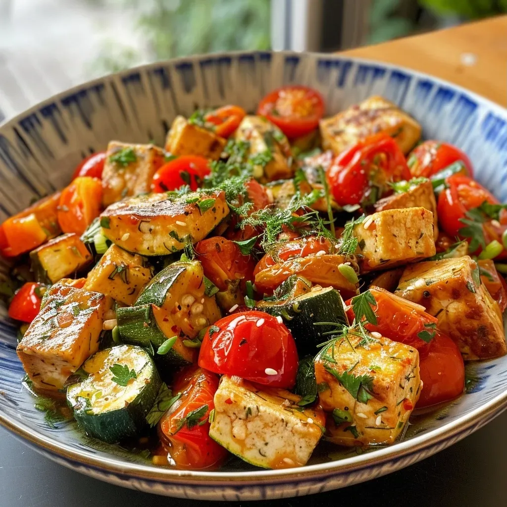 A close-up view of a baked casserole featuring layers of zucchini, potatoes, and smoked tofu, garnished with herbs.