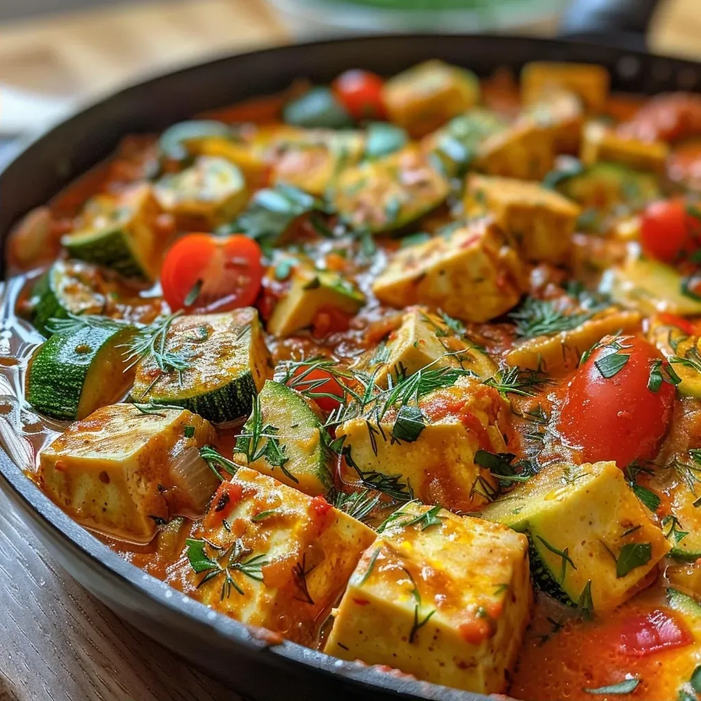 Side angle of a vibrant vegetable casserole, showcasing colorful layers of tofu, tomatoes, and zucchini.