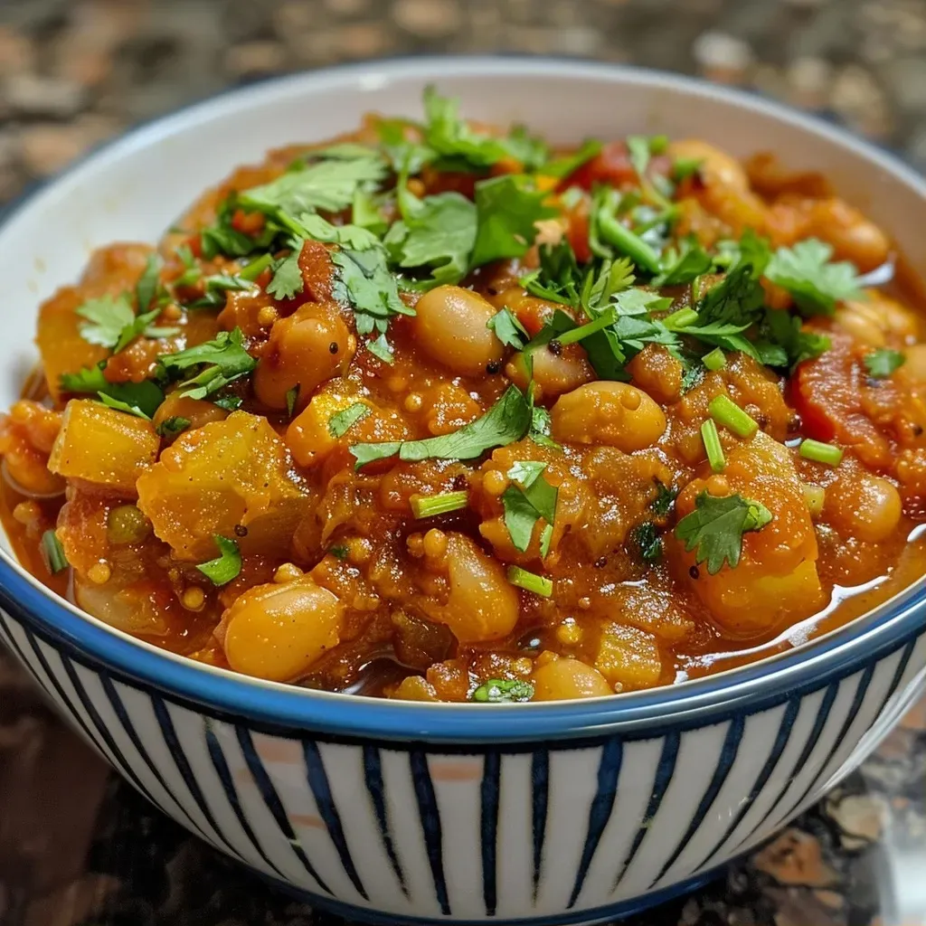 Close-up of a colorful Baked Beans Curry in a bowl.