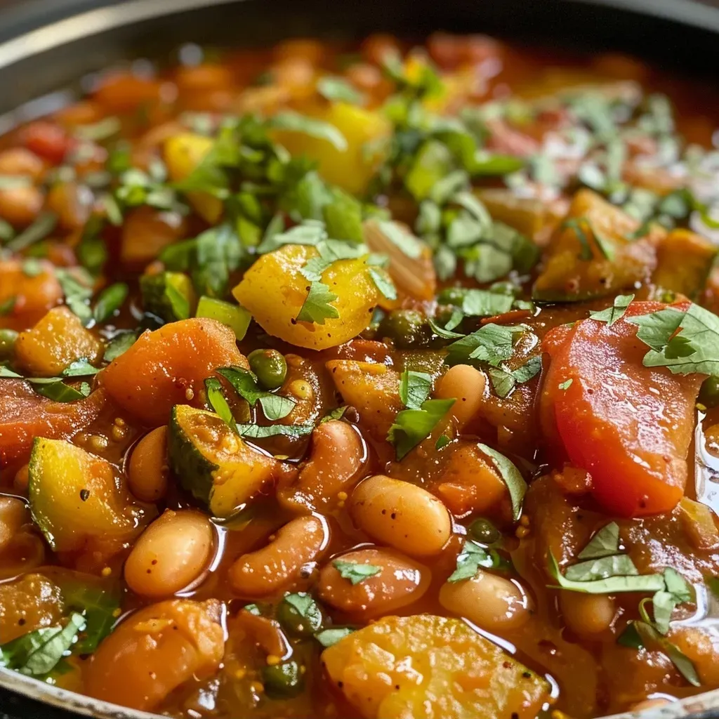Side view of a hearty Baked Beans Curry with vegetables.