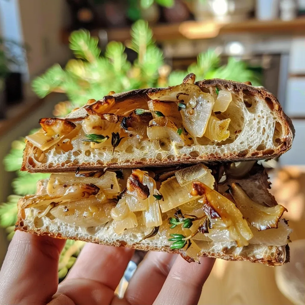 Close-up of a toasted slice of sourdough bread topped with sautéed chanterelle mushrooms and a fried egg.
