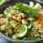 Close-up view of a vibrant bulgur bowl filled with fresh herbs and vegetables.