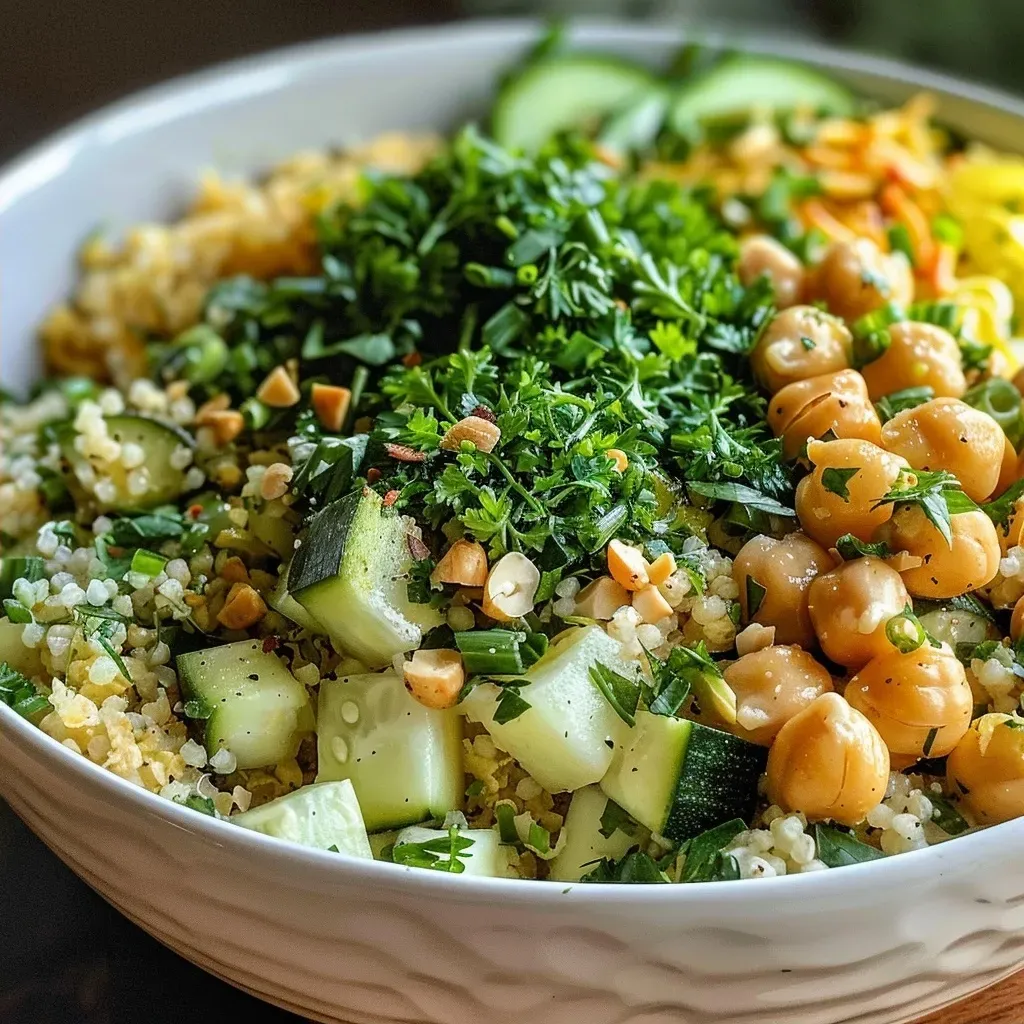 A side perspective of a colorful bulgur bowl showcasing zucchini, chickpeas, and herbs.