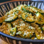 Close-up view of Burghul Pilaf with diced zucchini garnished with cilantro.