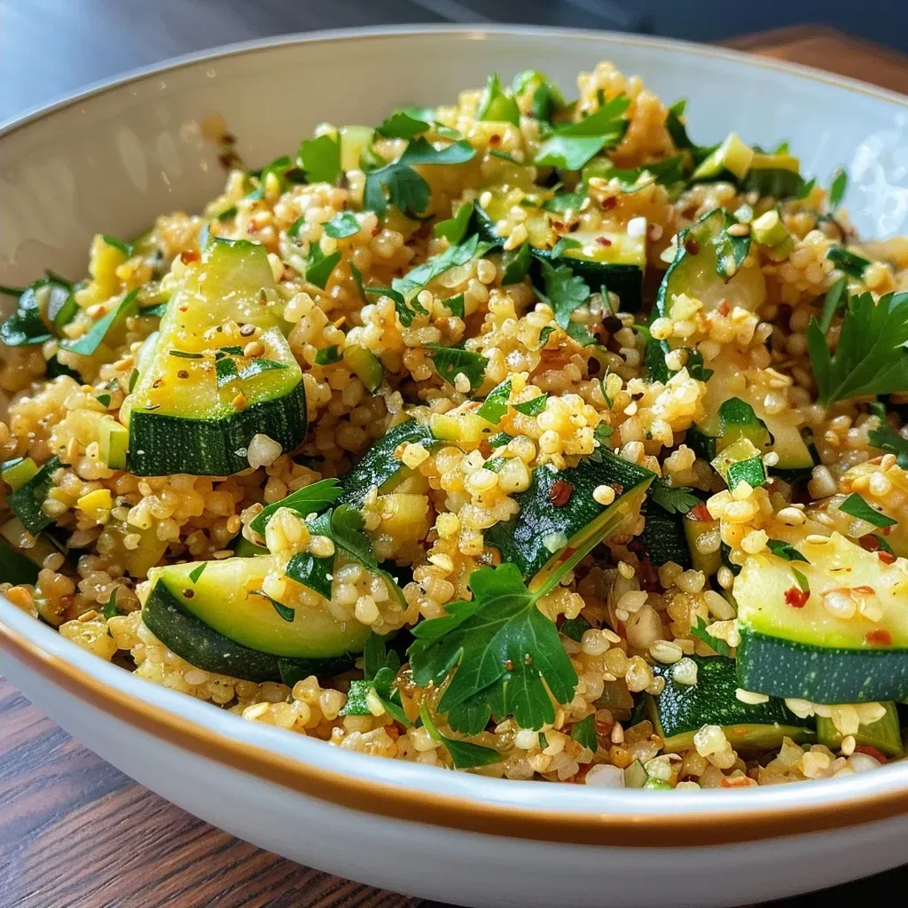 A bowl of Zucchini Bulgur Pilaf showing vibrant green zucchini and fluffy bulgur.