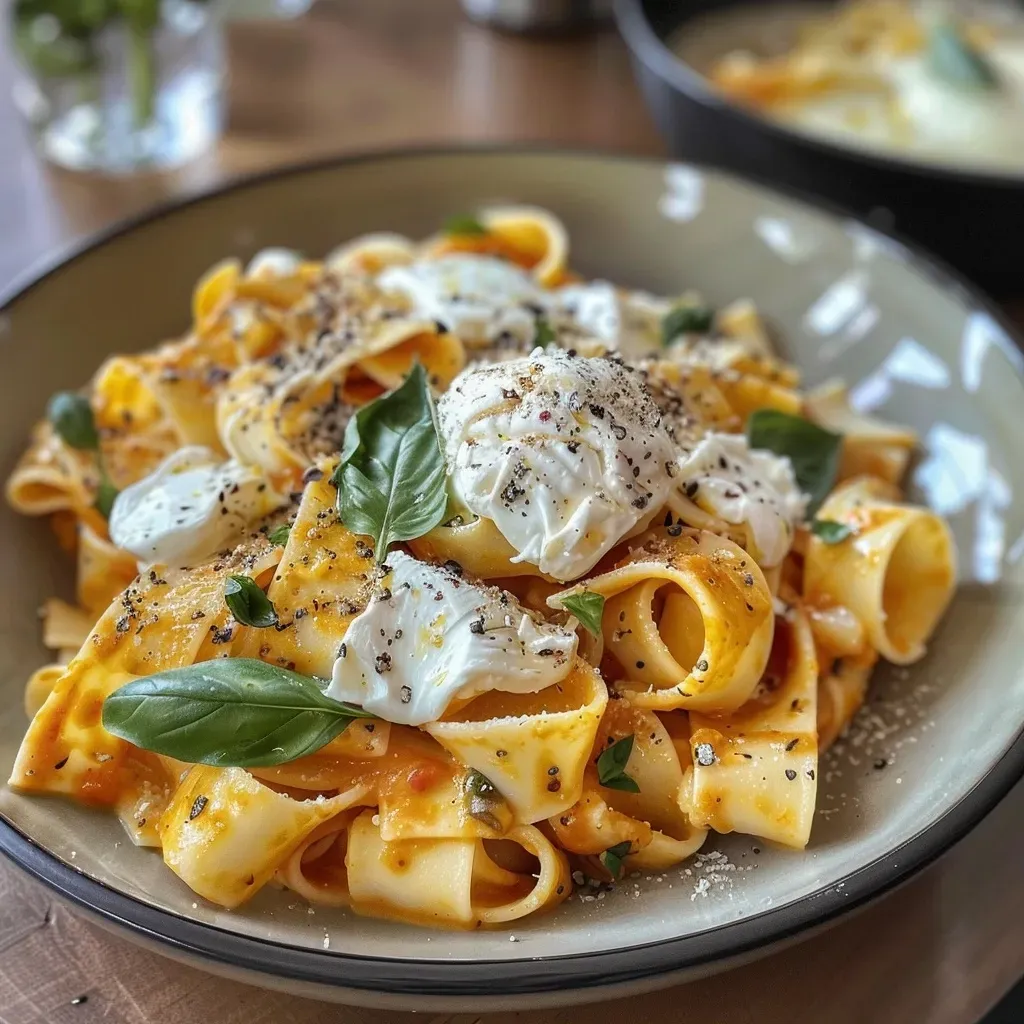 Close-up of creamy Burrata Kürbis Pasta featuring vibrant orange pumpkin and white burrata cheese.
