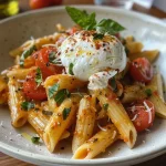 ['A close-up view of creamy Burrata Pasta with pumpkin and cherry tomatoes.', 'Side view of a vibrant dish featuring Burrata, pasta, and Hokkaido pumpkin.', 'Juicy Burrata Pasta topped with fresh herbs and colorful ingredients.', 'A delicious serving of Penne pasta with creamy Burrata and roasted pumpkin.']