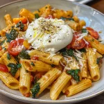 Close-up view of creamy Burrata pasta with pumpkin, garnished with fresh herbs.