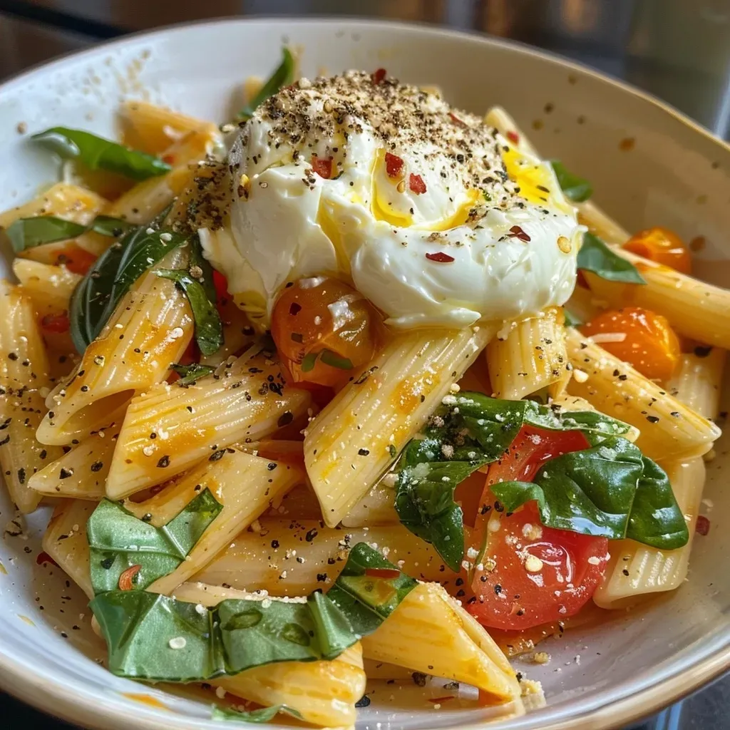Side view of a plate of Burrata pasta, featuring vibrant colors of tomatoes and pumpkin.