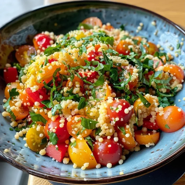 A close-up view of a vibrant couscous bowl filled with fresh vegetables and chickpeas.