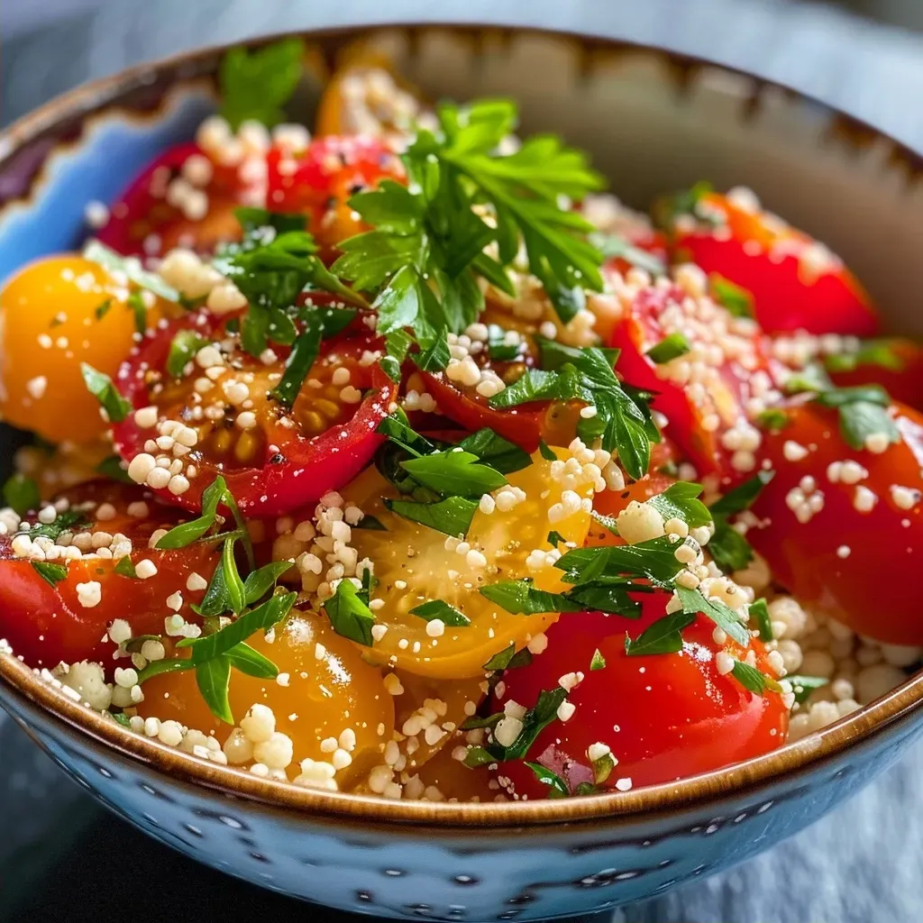 Side view of a colorful couscous bowl, showcasing various ingredients like vegetables and seeds.