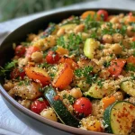 ['Close-up view of a colorful Couscous-Gemüse-Pfanne with chickpeas, featuring vibrant vegetables.', 'Side view of a delicious Couscous dish, showcasing diced veggies like peppers, carrots, and zucchini.', 'Bowl filled with Couscous-Gemüse-Pfanne, highlighting cooked chickpeas and fresh herbs.', 'Juicy, vibrant Couscous vegetable stir-fry with a garnish of parsley and mint.']