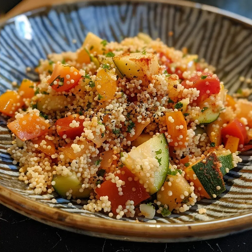 Close-up view of a colorful Couscous-Gemüse-Pfanne with chickpeas, featuring vibrant vegetables.