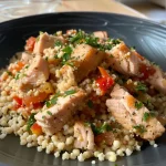 Close-up of a bowl of couscous with tuna, garnished with green onions and bell peppers.