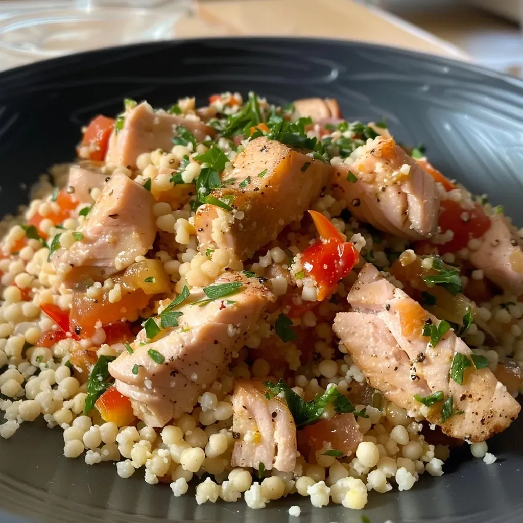 Close-up of a bowl of couscous with tuna, garnished with green onions and bell peppers.