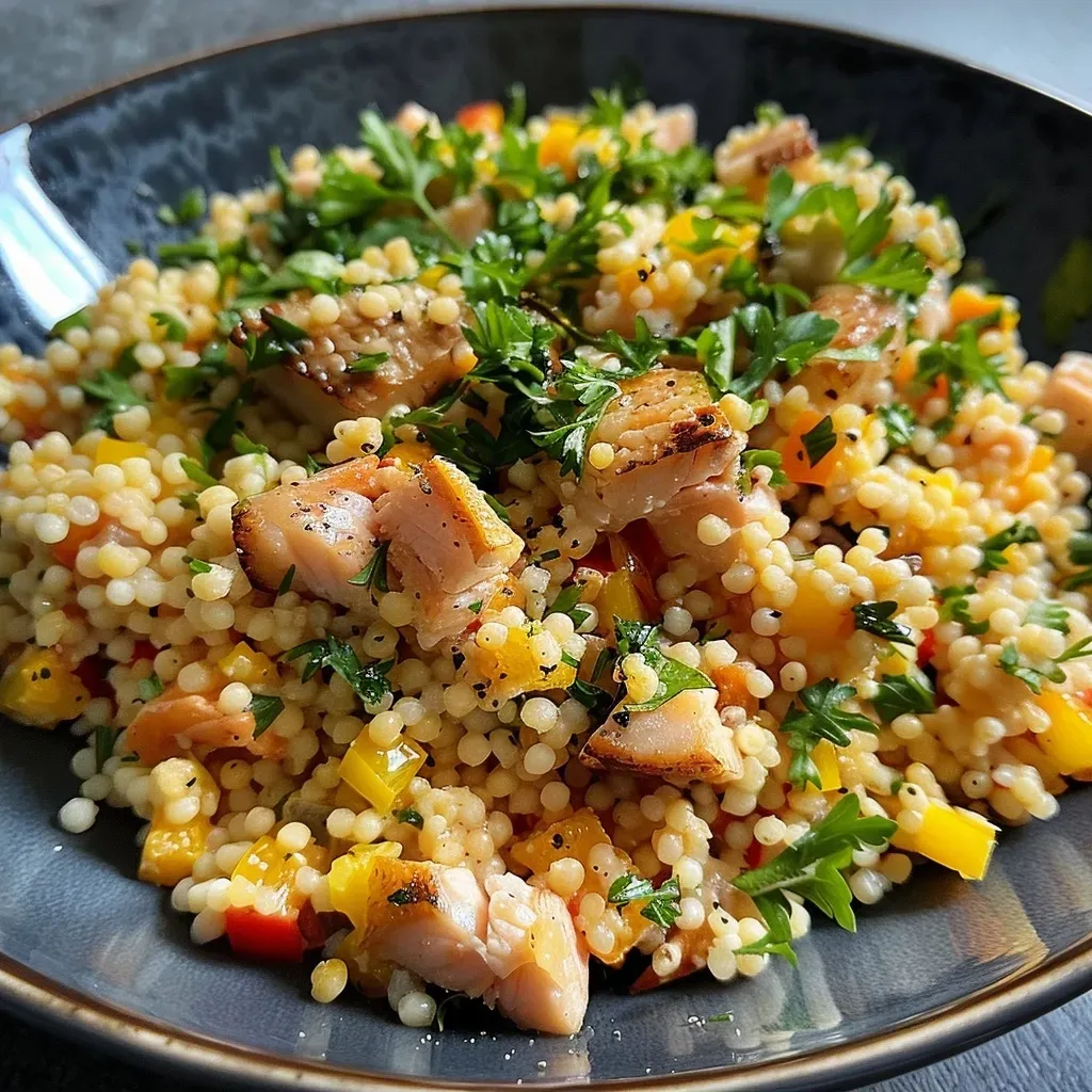 Side view of a delicious couscous dish featuring tuna and colorful vegetables.