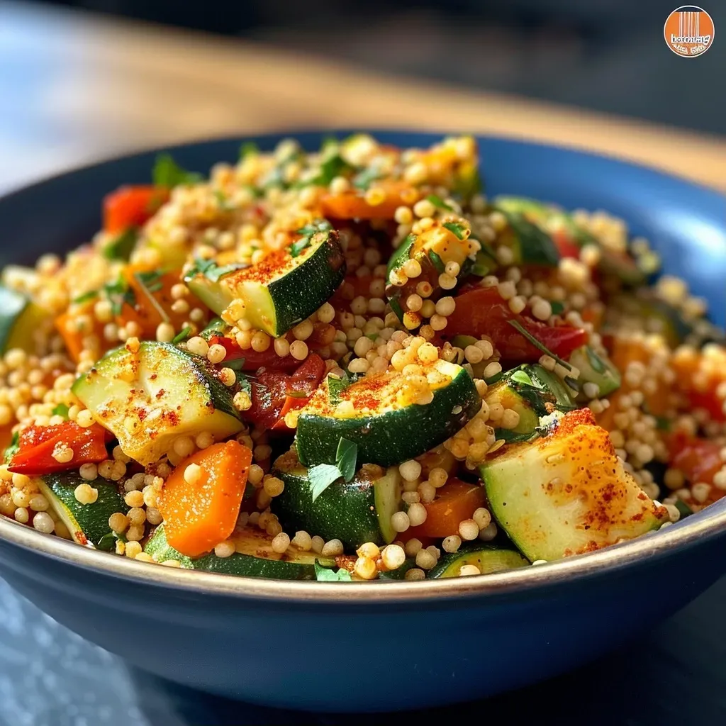 A close-up side view of a colorful Couscous Pan filled with vibrant vegetables.