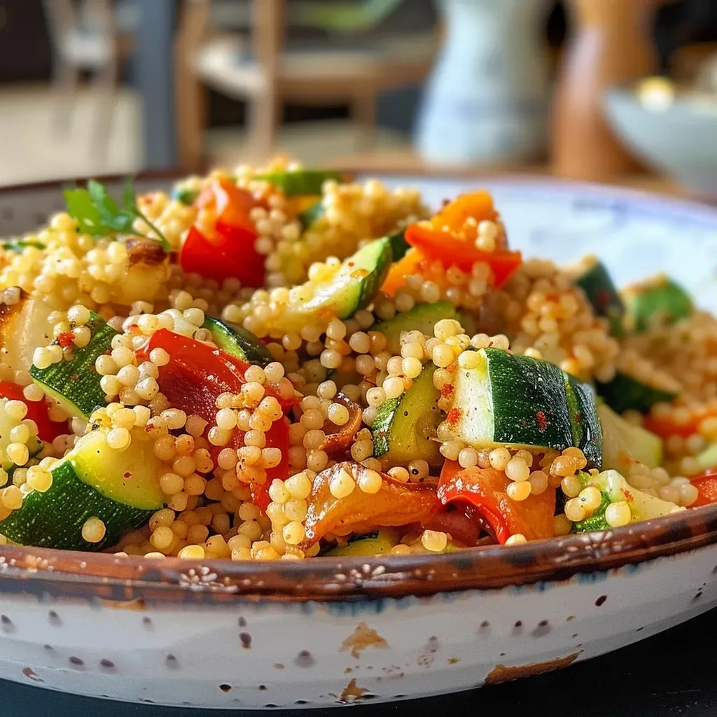A close-up view of a colorful couscous dish featuring cherry tomatoes and kidney beans.