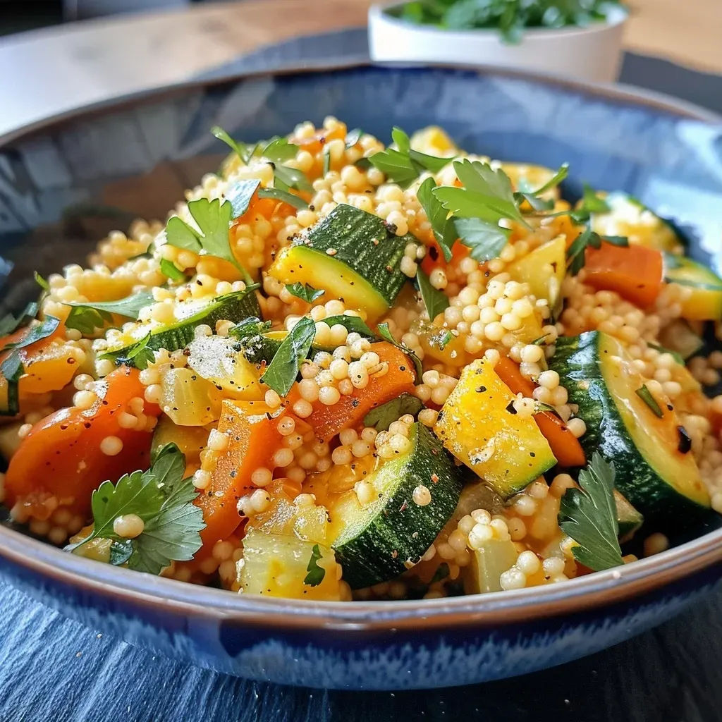 Close-up of a colorful couscous dish with vegetables in a frying pan.