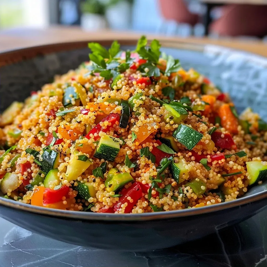 Juicy Couscous dish featuring zucchini, bell peppers, and chickpeas in a frying pan.