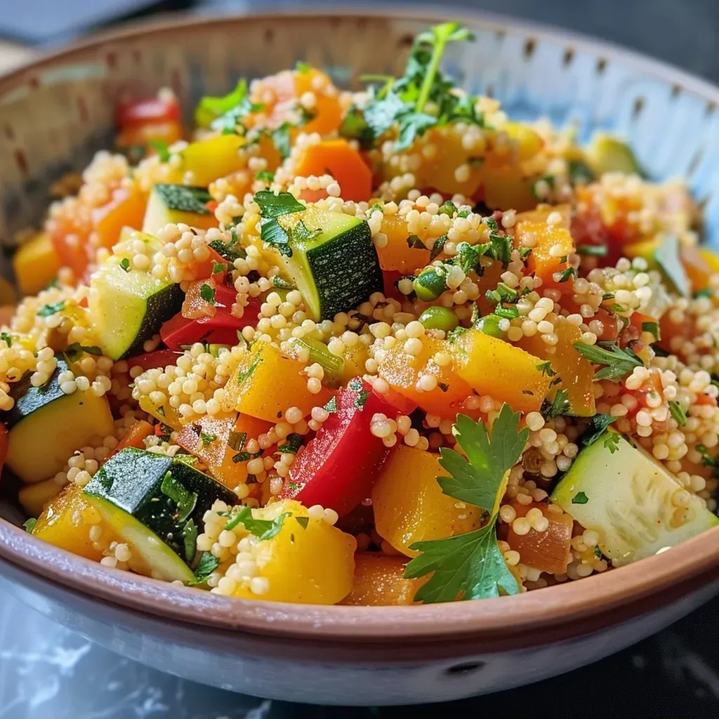A vibrant one-pan couscous dish with fresh ingredients, emphasizing the juicy tomatoes and beans.