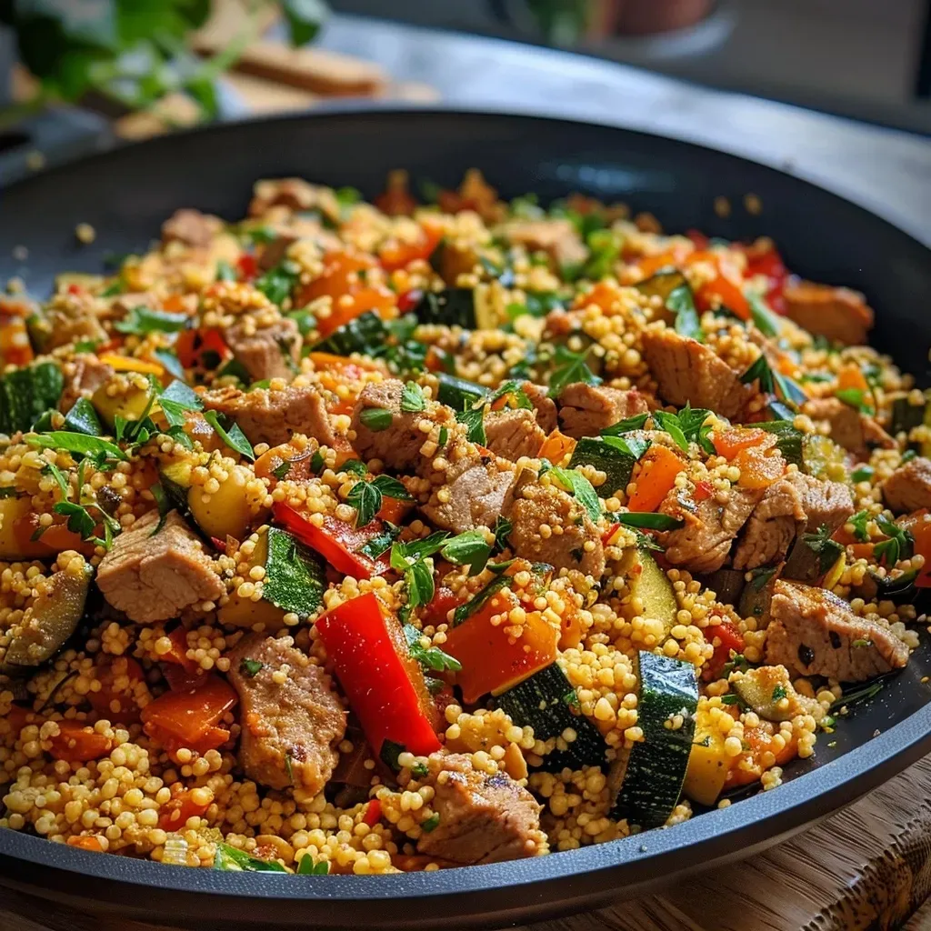 Close-up of a colorful couscous dish with vegetables in a frying pan.