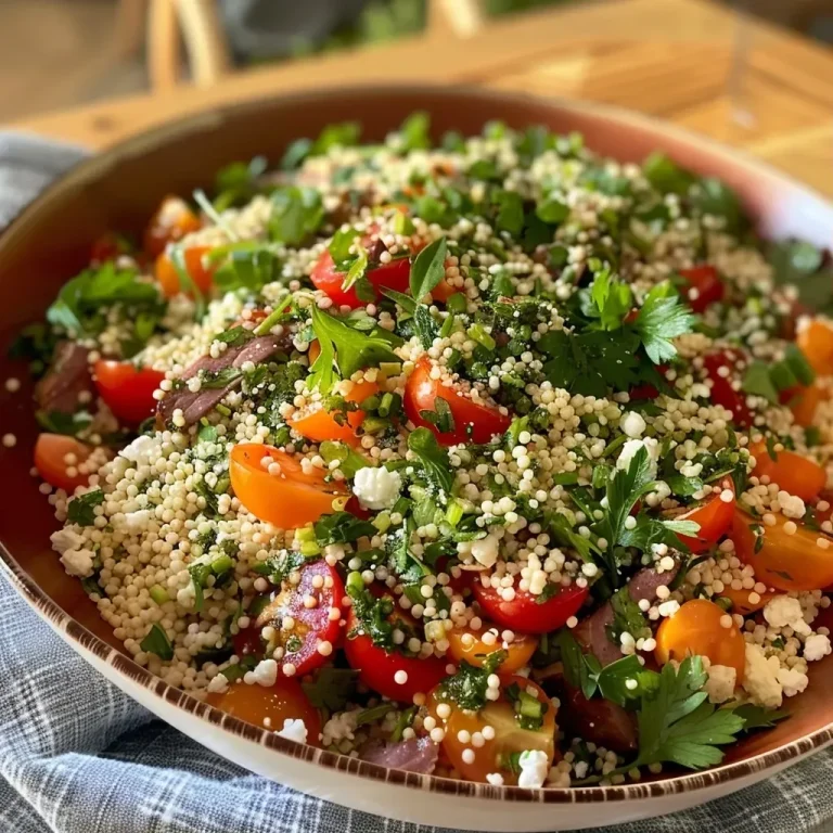 Der würzige Couscous-Salat, der jedem schmeckt A vibrant close-up of a colorful Couscous-Salat with fresh vegetables.