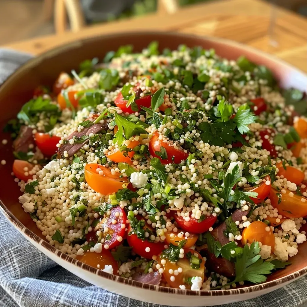 Close-up view of a colorful couscous salad with ground meat and diced vegetables.