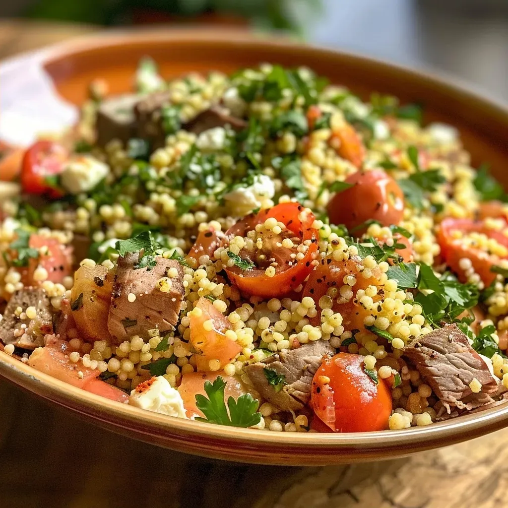 Side view of a fresh couscous salad featuring vibrant ingredients and creamy dressing.