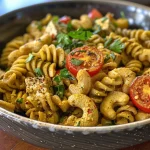 Close-up of creamy curry pasta with cherry tomatoes and spinach.