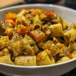 Bowl of creamy vegan curry pasta with colorful vegetables.