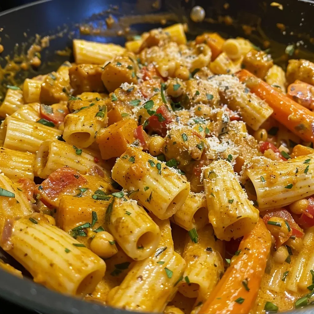 Close-up of gluten-free pasta in a rich curry sauce surrounded by diced sweet potatoes and bell peppers.