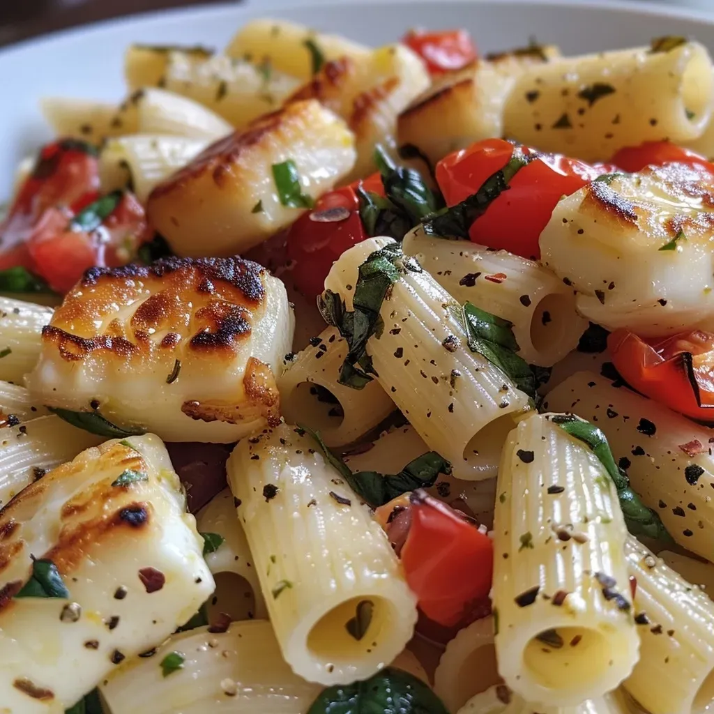 A close-up view of creamy halloumi pasta with vibrant cherry tomatoes and fresh spinach.