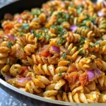 A close-up view of creamy Indian curry pasta with colorful ingredients.
