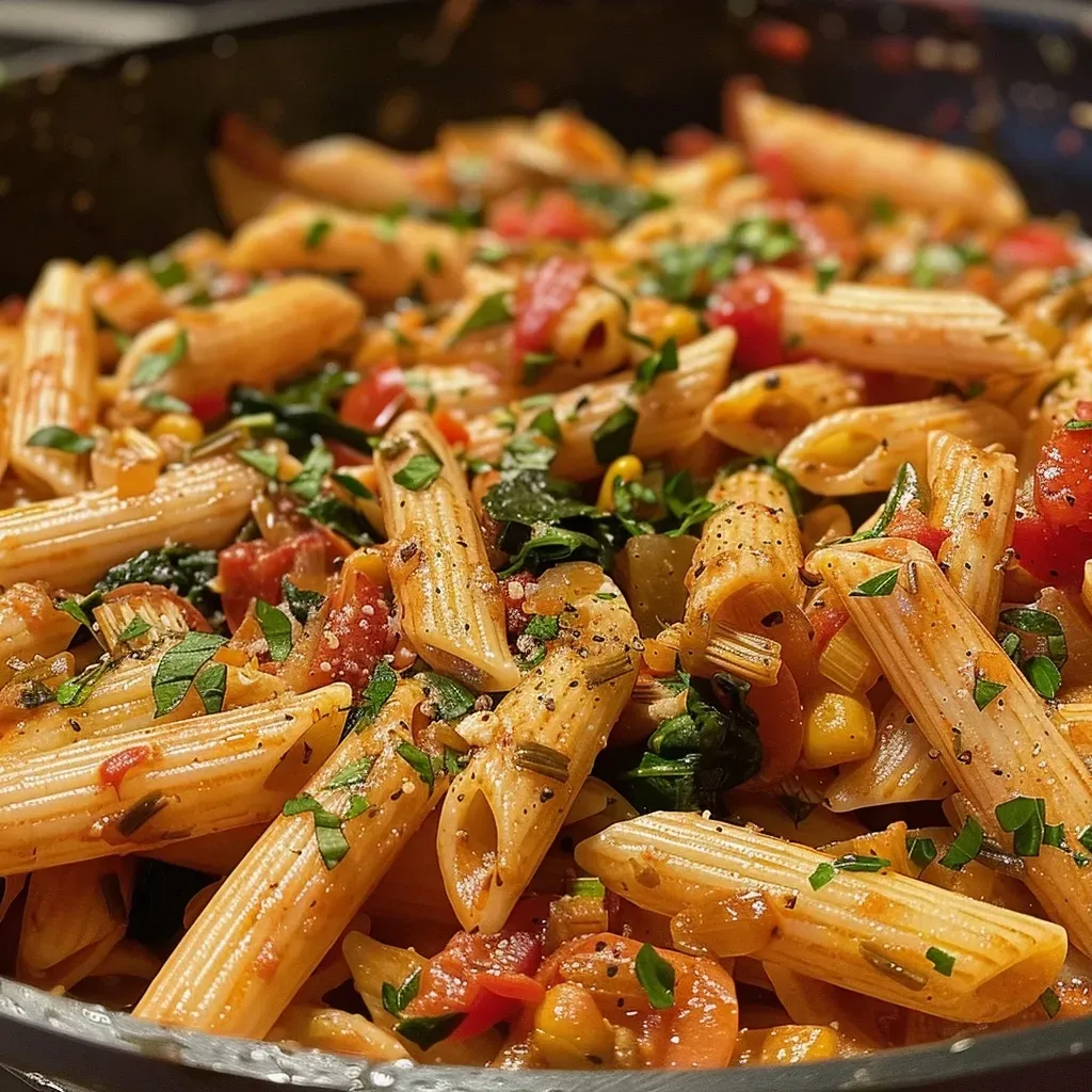 A close-up side view of creamy one-pot lentil pasta with visible spinach and herbs.