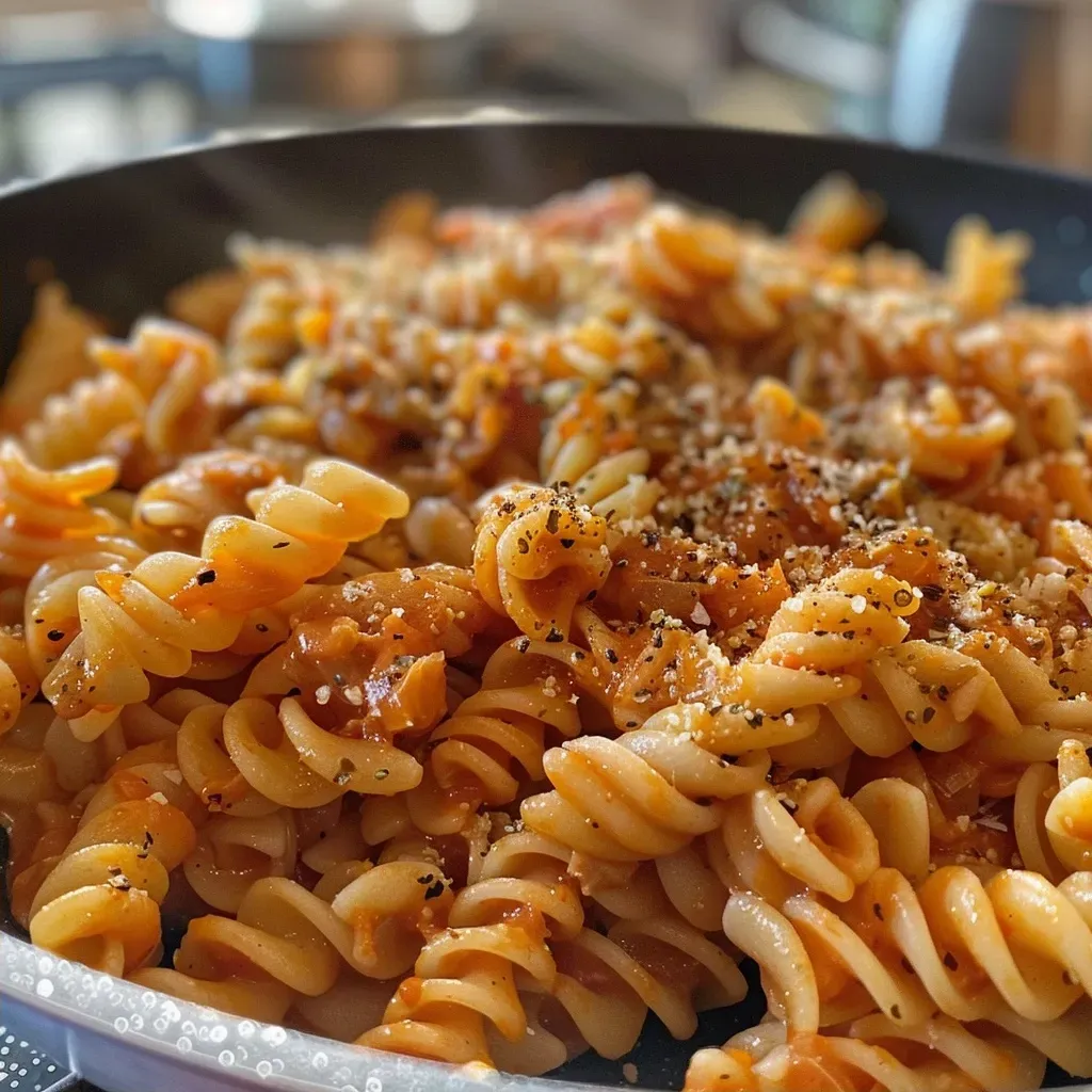 A close-up side view of creamy one-pot lentil pasta with visible spinach and herbs.