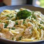 Creamy chicken pasta with broccoli, viewed from the side.